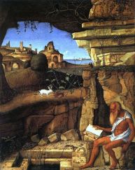 Hieronim pracował 14 lat nad Wulgatą , łacińskim przekładem Biblii a robił to mieszkając w Betlejem, dzisiaj Betlejem w Palestynie ma do morza 55 km, a tu co widzimy?, Hieronim nad morzem?, obraz Giovanniego Bellini z XV wieku.