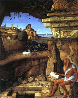 Hieronim pracował 14 lat nad Wulgatą , łacińskim przekładem Biblii a robił to mieszkając w Betlejem, dzisiaj Betlejem w Palestynie ma do morza 55 km, a tu co widzimy?, Hieronim nad morzem?, obraz Giovanniego Bellini z XV wieku.