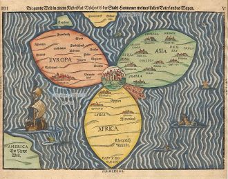Mapa świata: Jerozolima w centrum miedzy trzema kontynentami -pasuje do ciesniny Bosfor